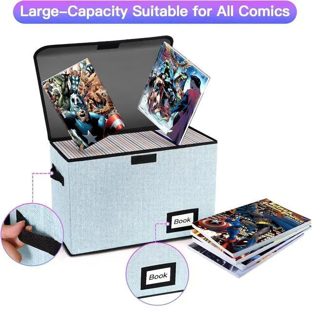Alt view image 5 of 6 - 2 Pack Comic Book Storage Box, Comic Protector Organizer, 15.8" X 7.8" X 11.8", Collapsible Comic Short Box, Holds 160-180 Comic Book Container Holder Shelf Bin (Blue)