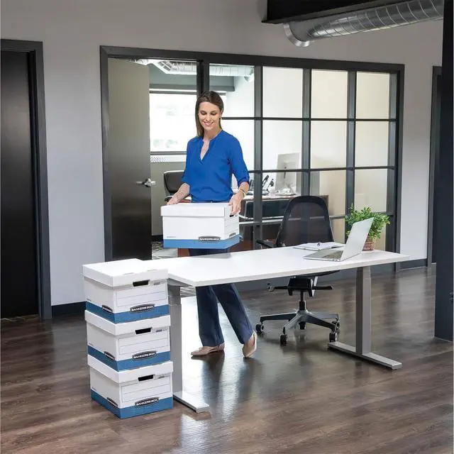Alt view image 6 of 7 - Bankers Box 20 Pack R-KIVE Heavy-Duty File Storage Boxes, FastFold, Lift-Off Lid, Letter, White/Blue