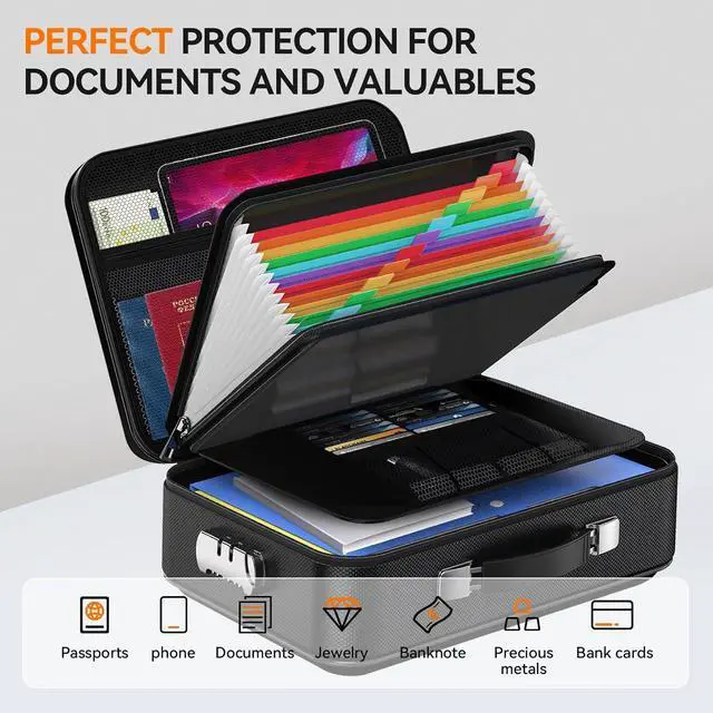 Alt view image 3 of 7 - Fireproof Document Box with Lock, Large Hard Fireproof File Organizer Heat Insulated Fireproof Waterproof Box Portable Home Travel Safe Storage for Important Documents Files Laptop Passports Black