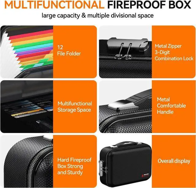 Alt view image 6 of 7 - Fireproof Document Box with Lock, Large Hard Fireproof File Organizer Heat Insulated Fireproof Waterproof Box Portable Home Travel Safe Storage for Important Documents Files Laptop Passports Black