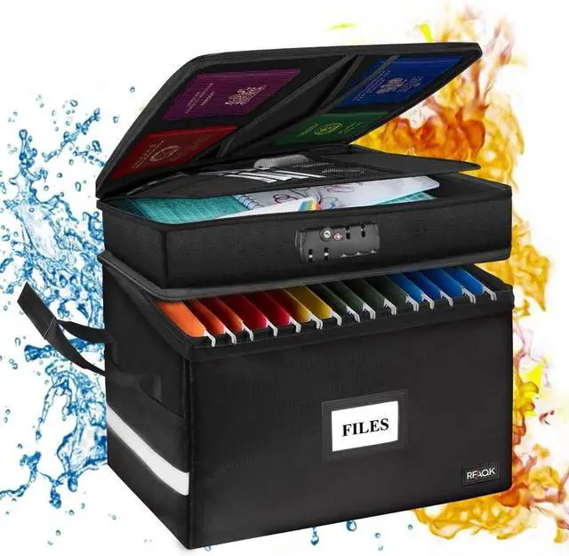 Main image of Fireproof Document Box with Lock-2 Layer File Cabinet Storage Bag with Multiple Pockets, Water-Resistant File Box with Reflective Strip-Document Organizer for Hanging Letter/Legal Folders, Certificate