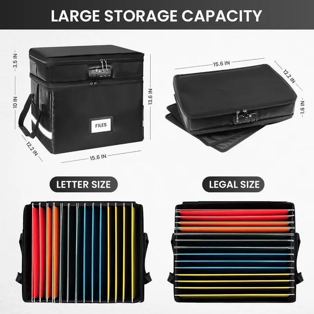 Alt view image 2 of 6 - Fireproof Document Box with Lock-2 Layer File Cabinet Storage Bag with Multiple Pockets, Water-Resistant File Box with Reflective Strip-Document Organizer for Hanging Letter/Legal Folders, Certificate