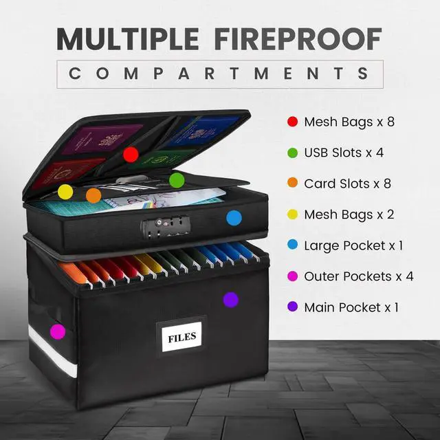 Alt view image 3 of 6 - Fireproof Document Box with Lock-2 Layer File Cabinet Storage Bag with Multiple Pockets, Water-Resistant File Box with Reflective Strip-Document Organizer for Hanging Letter/Legal Folders, Certificate