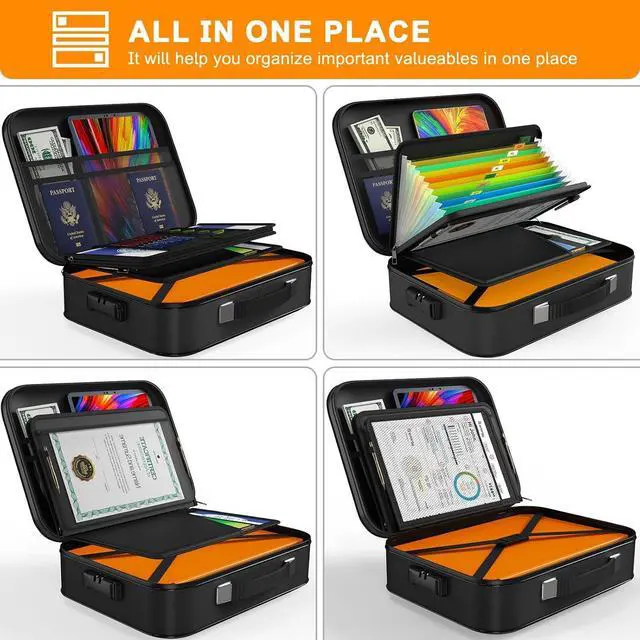 Alt view image 4 of 7 - JUNDUN Fireproof Document Box,Hard Case Fireproof Document Organizer with LockHome Travel Portable Fireproof Safe Storage Box Case for Letter Size Documents,Files,Papers and Passport,Black
