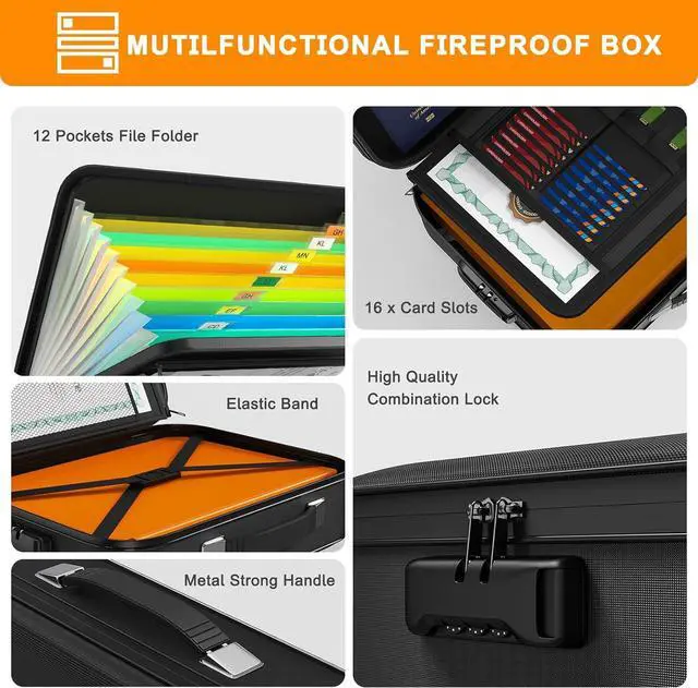 Alt view image 5 of 7 - JUNDUN Fireproof Document Box,Hard Case Fireproof Document Organizer with LockHome Travel Portable Fireproof Safe Storage Box Case for Letter Size Documents,Files,Papers and Passport,Black