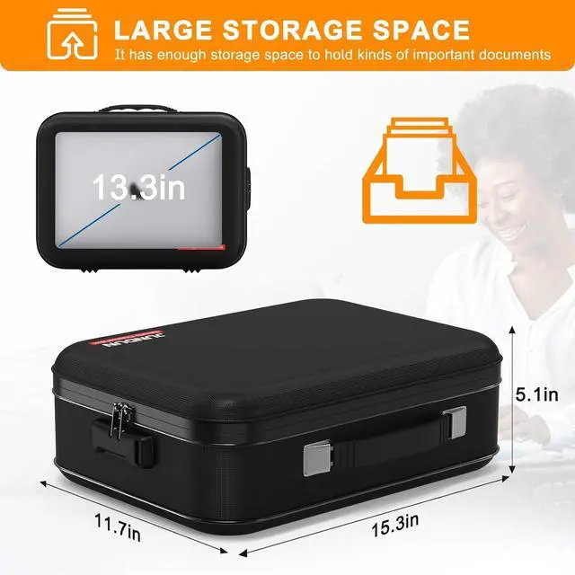 Alt view image 6 of 7 - JUNDUN Fireproof Document Box,Hard Case Fireproof Document Organizer with LockHome Travel Portable Fireproof Safe Storage Box Case for Letter Size Documents,Files,Papers and Passport,Black