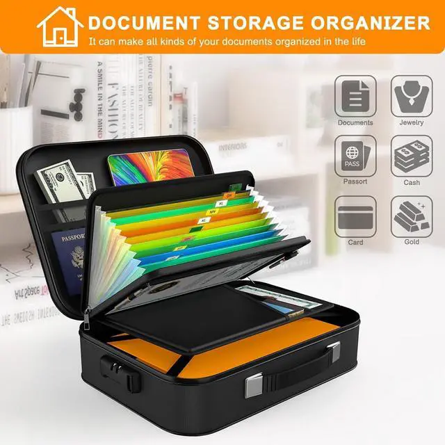Alt view image 7 of 7 - JUNDUN Fireproof Document Box,Hard Case Fireproof Document Organizer with LockHome Travel Portable Fireproof Safe Storage Box Case for Letter Size Documents,Files,Papers and Passport,Black