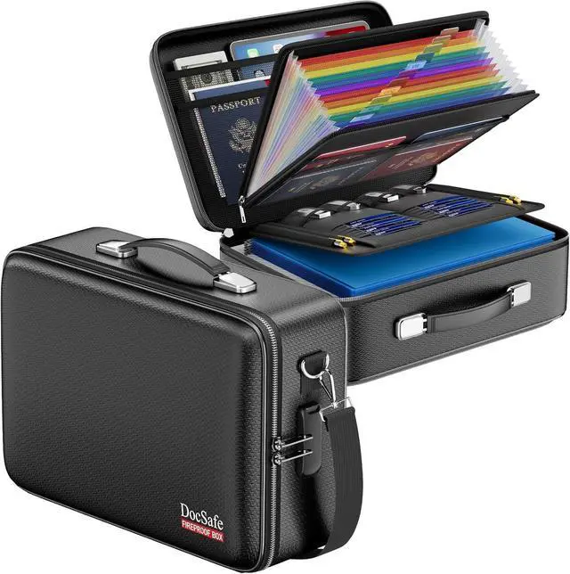 Main image of DocSafe Fireproof Document Box with Lock, Hard Case File Organizer with Accordion File Folder, Fireproof Water Resistant Safe Box Home Office Travel Storage for Important Documents Laptop Black