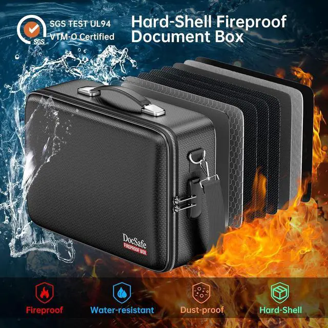 Alt view image 2 of 7 - DocSafe Fireproof Document Box with Lock, Hard Case File Organizer with Accordion File Folder, Fireproof Water Resistant Safe Box Home Office Travel Storage for Important Documents Laptop Black