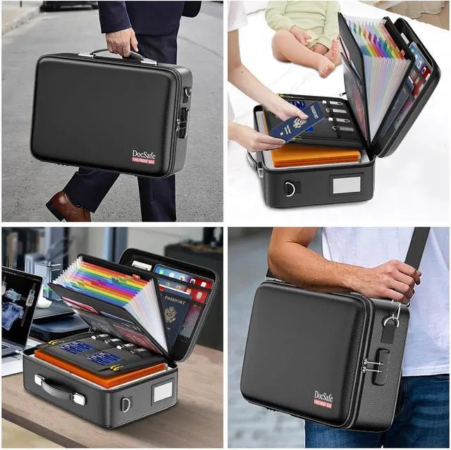 Alt view image 7 of 7 - DocSafe Fireproof Document Box with Lock, Hard Case File Organizer with Accordion File Folder, Fireproof Water Resistant Safe Box Home Office Travel Storage for Important Documents Laptop Black