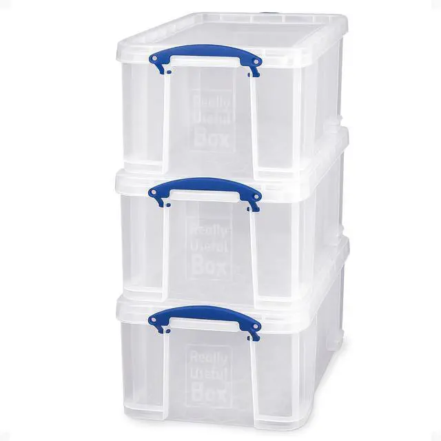 Main image of Really Useful Box 3-Pack Clear Plastic Storage Bins with Lids & Clip Handles, 32 Liters - Stackable, Portable and Transparent Organizer Containers for Home, Garage and Office