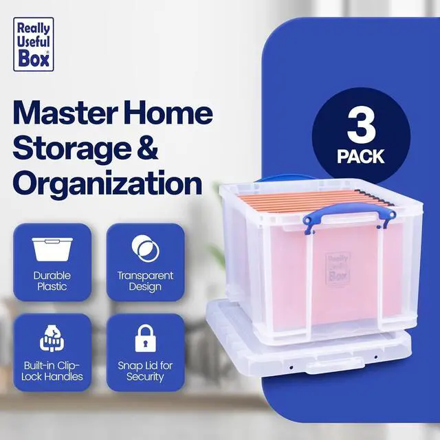 Alt view image 2 of 7 - Really Useful Box 3-Pack Clear Plastic Storage Bins with Lids & Clip Handles, 32 Liters - Stackable, Portable and Transparent Organizer Containers for Home, Garage and Office