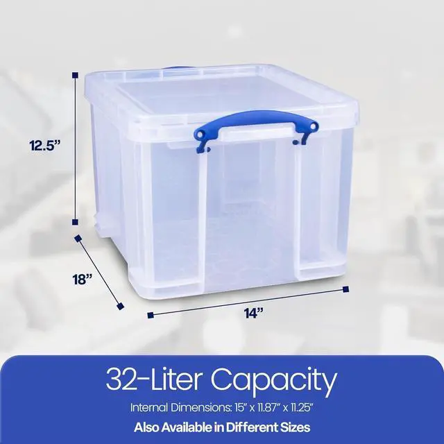 Alt view image 3 of 7 - Really Useful Box 3-Pack Clear Plastic Storage Bins with Lids & Clip Handles, 32 Liters - Stackable, Portable and Transparent Organizer Containers for Home, Garage and Office