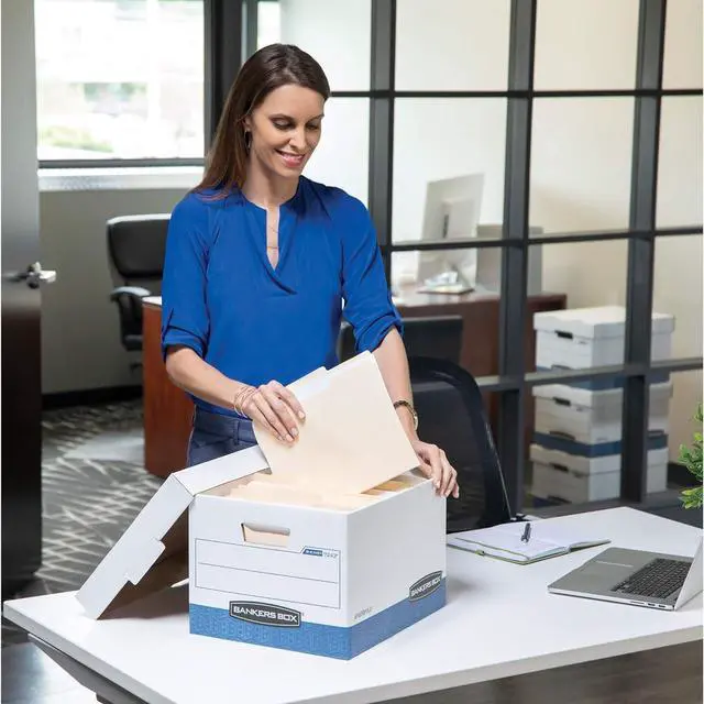 Alt view image 5 of 7 - Bankers Box 20 Pack R-KIVE Heavy-Duty File Storage Boxes, FastFold, Lift-Off Lid, Letter, White/Blue