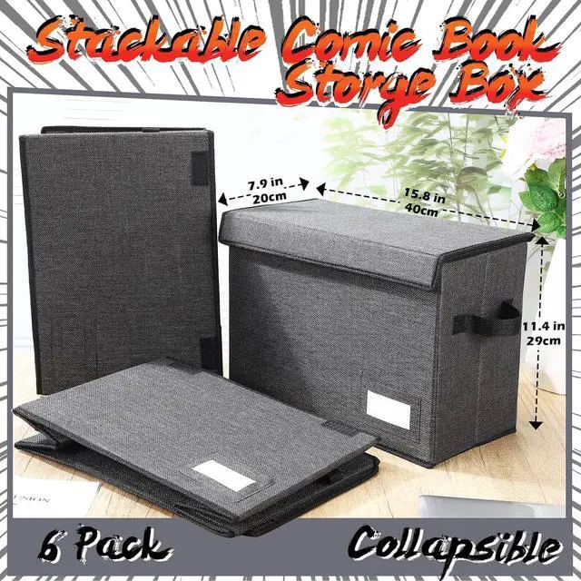 Alt view image 2 of 6 - Chuangdi 6 Pcs Comic Book Storage Boxes, Back to School Collapsible Comic Short Box Case with Lid, 15.8 x 7.9 x 11.4 Inch Book Bin Container Holds 150 Comics(Charcoal Gray)