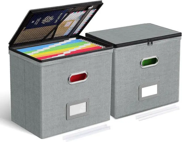 Main image of Oterri 2 Pack File Organizer Boxes with Lids, File Box with Mesh Pockets, Document Organizer Box for File Folders Letter Size, Zippers Filing Box for Home, Office, School (Grey, Without Folders)