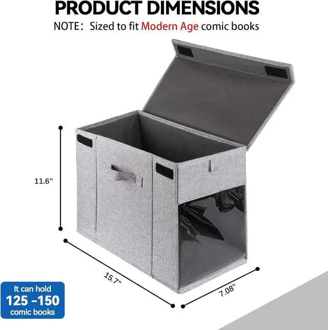 Alt view image 3 of 7 - 2 Pack Comic Book Storage Box with Lid for Modern Age, Collapsible Magazine Organizer with Clear Window, Holds 150 Comic Books Heavy Duty Case Container Holder, Grey