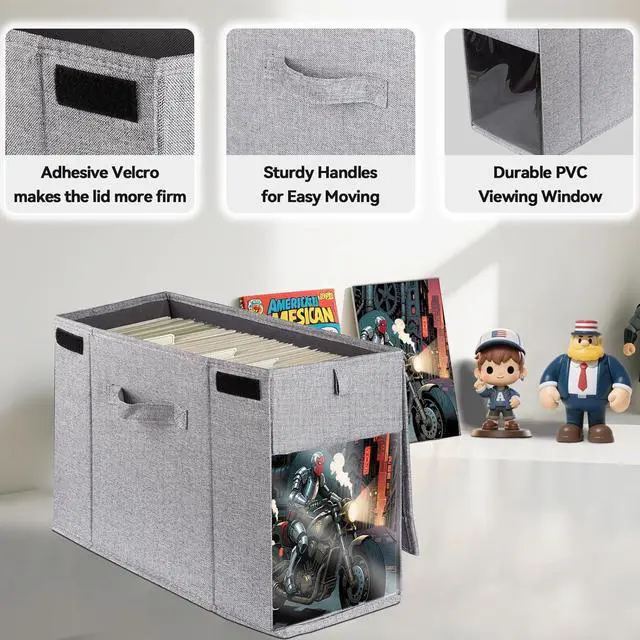 Alt view image 5 of 7 - 2 Pack Comic Book Storage Box with Lid for Modern Age, Collapsible Magazine Organizer with Clear Window, Holds 150 Comic Books Heavy Duty Case Container Holder, Grey