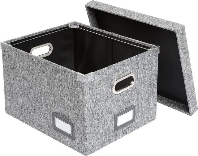 Main image of Pendaflex Collapsible File Box with Lid, Includes File Frame for Letter and Legal Hanging File Folders, Metal Handles, Labels, Heather Gray (41790)