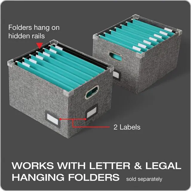 Alt view image 2 of 6 - Pendaflex Collapsible File Box with Lid, Includes File Frame for Letter and Legal Hanging File Folders, Metal Handles, Labels, Heather Gray (41790)