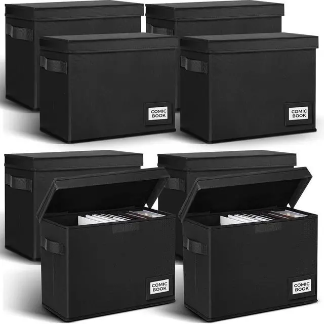 Main image of Lincia 8 Pack Comic Book Storage Boxes, 15.4" x 7.5" x 11.4" Book Box Organizer Collapsible with Handles, Stackable Short Bin to Holds 150-180 Comics for Home School Classroom, Black