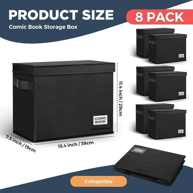 Alt view image 2 of 7 - Lincia 8 Pack Comic Book Storage Boxes, 15.4" x 7.5" x 11.4" Book Box Organizer Collapsible with Handles, Stackable Short Bin to Holds 150-180 Comics for Home School Classroom, Black