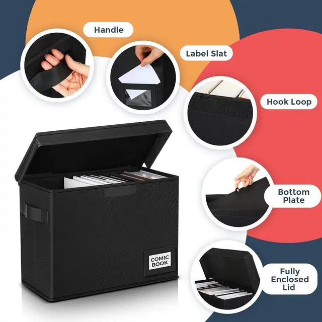 Alt view image 3 of 7 - Lincia 8 Pack Comic Book Storage Boxes, 15.4" x 7.5" x 11.4" Book Box Organizer Collapsible with Handles, Stackable Short Bin to Holds 150-180 Comics for Home School Classroom, Black