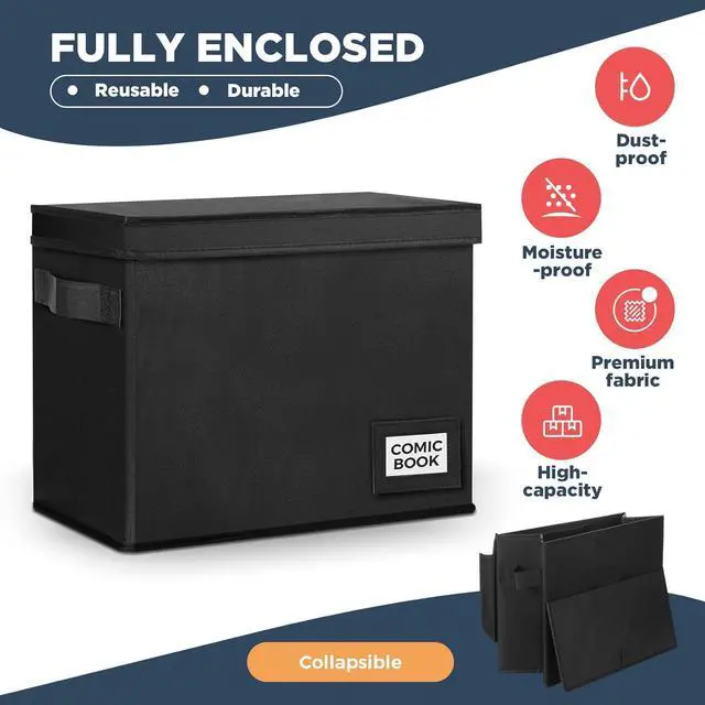 Alt view image 6 of 7 - Lincia 8 Pack Comic Book Storage Boxes, 15.4" x 7.5" x 11.4" Book Box Organizer Collapsible with Handles, Stackable Short Bin to Holds 150-180 Comics for Home School Classroom, Black