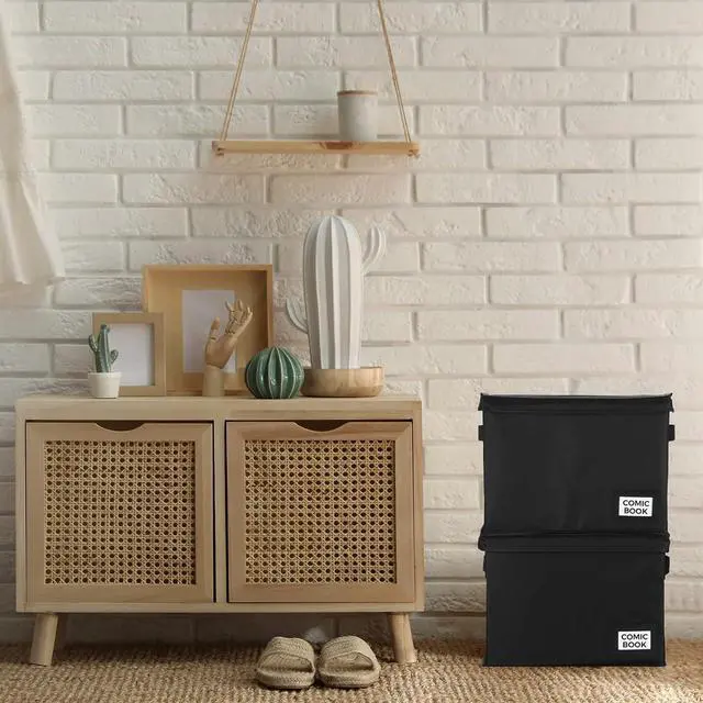 Alt view image 7 of 7 - Lincia 8 Pack Comic Book Storage Boxes, 15.4" x 7.5" x 11.4" Book Box Organizer Collapsible with Handles, Stackable Short Bin to Holds 150-180 Comics for Home School Classroom, Black