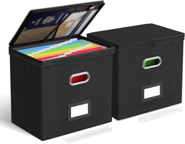 Main image of Oterri 2 Pack File Organizer Boxes with Lids, File Box with Mesh Pockets, Document Organizer Box for File Folders Letter Size, Zippers Filing Box for Home, Office, School (Black, Without Folders)