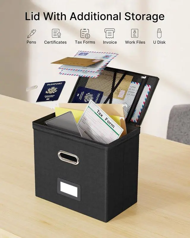 Alt view image 2 of 7 - Oterri 2 Pack File Organizer Boxes with Lids, File Box with Mesh Pockets, Document Organizer Box for File Folders Letter Size, Zippers Filing Box for Home, Office, School (Black, Without Folders)