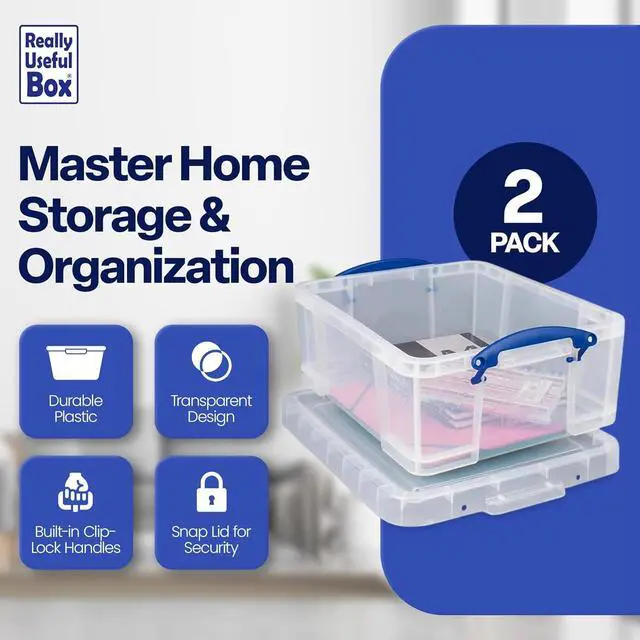 Alt view image 4 of 7 - Really Useful Box 2 Pack 17L Plastic Storage Bins with Snap Lids and Clip Lock, Clear