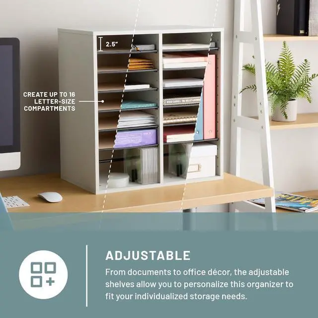 Alt view image 2 of 6 - Safco 9422GR Wood Adjustable Literature & Paper Organizer, 16 Adjustable Compratment, Stackable Durable Construction, Home, Office, Mailroom, Classroom Mailbox , Gray