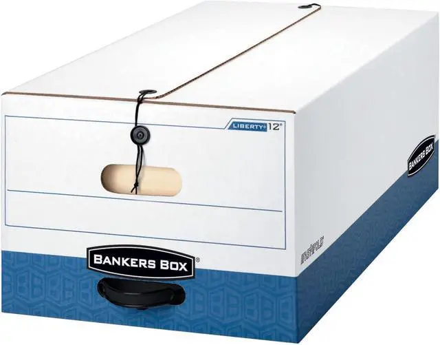 Main image of Bankers Box LIBERTY Heavy-Duty Strength Storage Box, Legal, 15" x 24" x 10", White/Blue, Case of 12 (00012)