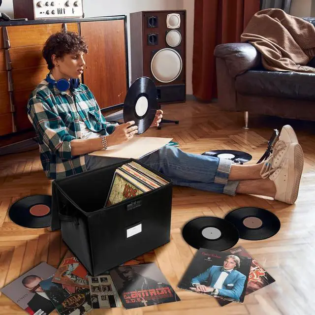 Alt view image 2 of 7 - Fireproof Vinyl Record Storage Box with Lock, Vinyl Album Storage Holds up 100+ Single Record,LP Storage Organizer for Albums, CDs, Books, Magzine, Files, Protect your Precious Collection (2)