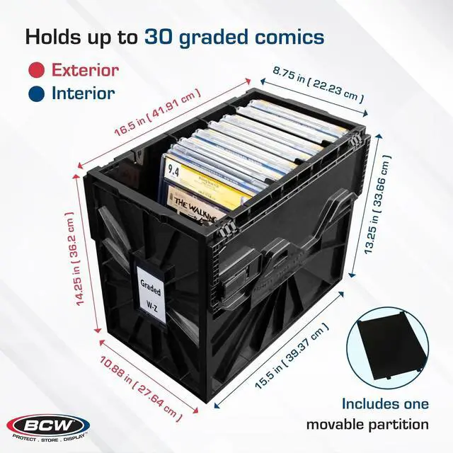 Alt view image 4 of 5 - BCW Graded Comic Book Bin with Partition  Black (2 Pack) | Holds 30 Graded Comics | Stackable Comic Book Box Storage for CGC, CBCS & Slabs