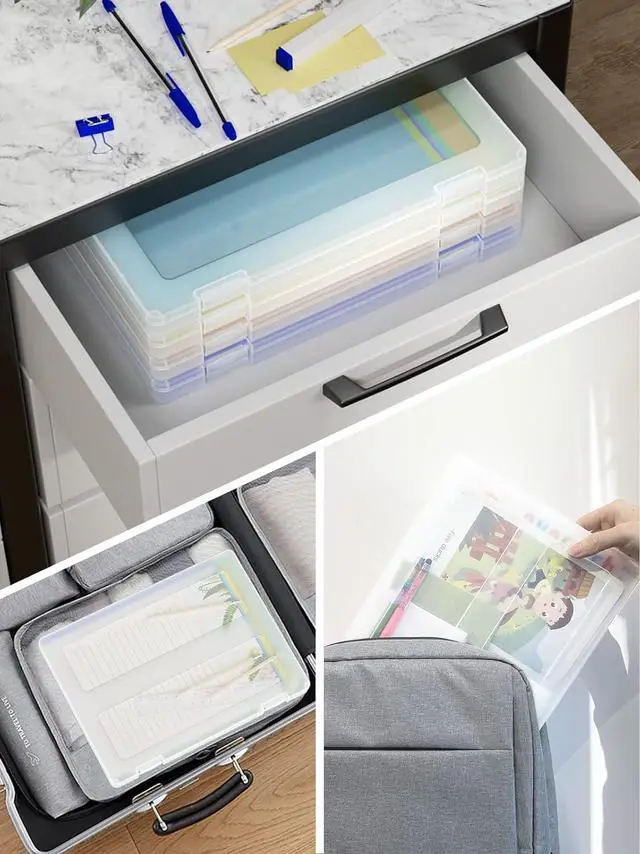 Alt view image 6 of 7 - iBune 4-Pack A4 Plastic Paper Organizer Box, Scrapbook Storage for 8.5 x 11 Letter Papers, Portable Document Holder, Photo Storage Box Sticker Art Supplies Organizers, 12.2 x 8.9 x 0.7 Inner Size