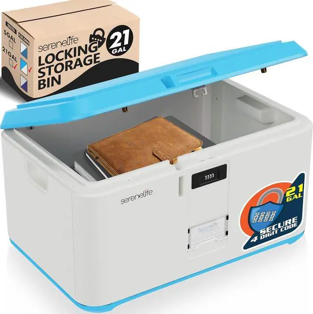Main image of SereneLife Locking Storage Container Bin, 21 Gallon Capacity Lockable Box, Integrated Combination Lock, Heavy Duty Plastic Trunk With Side Carry Handle Grips, Usable As Item Organizer Or Food Locker