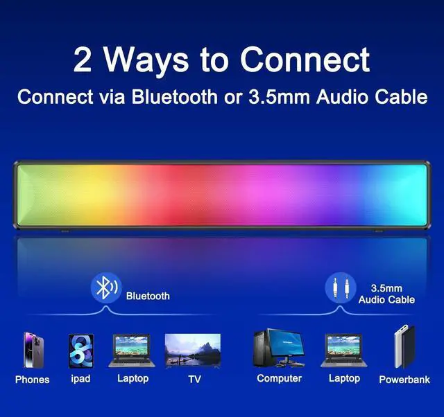 Alt view image 5 of 6 - AFK Computer Speakers, Computer Sound Bar with RGB Lights, USB Powered PC Speakers with Stereo Sound, Bluetooth 5.1 and 3.5mm Aux-in,Gaming Speakers for Desktop