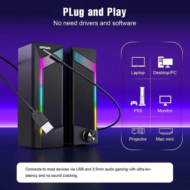 Alt view image 5 of 7 - Computer Speakers, 2 in 1 PC Speaker , Gaming Speakers for PC Computer Laptop Desktop Monitor, RGB Speakers with Touch Sensitive Lighting, USB Powered 3.5mm AuxPackage Only Two Speaker, No Soundbar