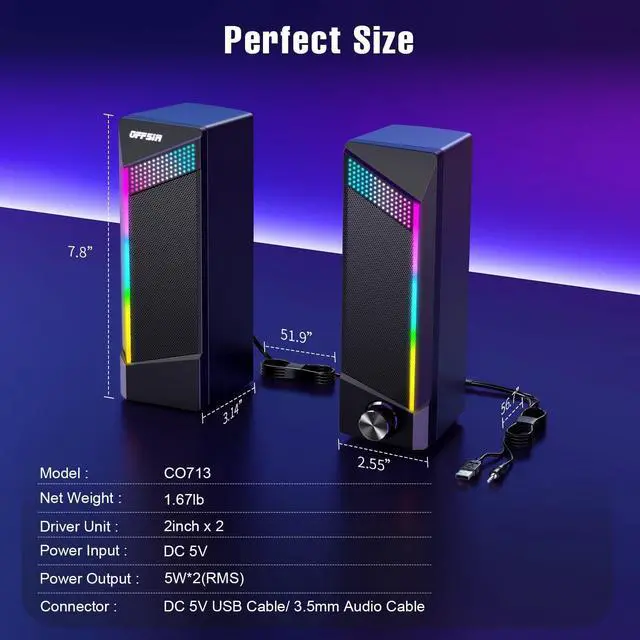 Alt view image 6 of 7 - Computer Speakers, 2 in 1 PC Speaker , Gaming Speakers for PC Computer Laptop Desktop Monitor, RGB Speakers with Touch Sensitive Lighting, USB Powered 3.5mm AuxPackage Only Two Speaker, No Soundbar