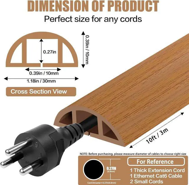 Alt view image 2 of 7 - Floor Cord Cover Self Adhesive Cord Hider,10FT Cable Management, Extension Strip Protector for Wires, Prevent Cable Trips for Offices, Gyms, Exhibitions Cavity:0.39"(W) x 0.27"(H) Brown Wood