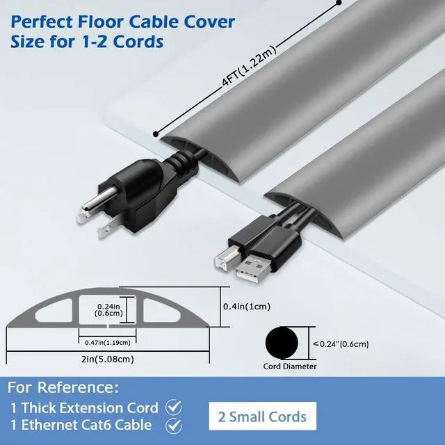 Alt view image 2 of 6 - 4ft Floor Cord Cover,Cord Hider Floor Gray,Extension Cable Cover Power Cord Protector Floor,Floor Cable Management Prevent Cable Trips,Cord Protector Cord Cavity:0.47" (W) x 0.24" (H)