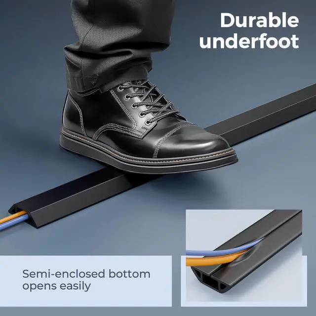 Alt view image 4 of 7 - Yecaye 4ft Floor Cord Cover, Cord Covers for Wires on Floor, Floor Cable Mangament, Cable Protector for Organizing and Protecting Wires on Floor, Cord Hider Cable Cavity W0.55in H0.27in Black