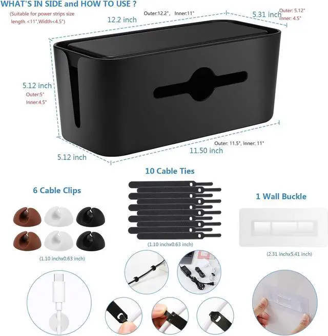 Alt view image 7 of 7 - Cable Management Box,Cord Organizer Box for Desk Floor Cable Hide,Cable Box Organizer to Cover The Power Strip Cord Wires for Home Office,Black