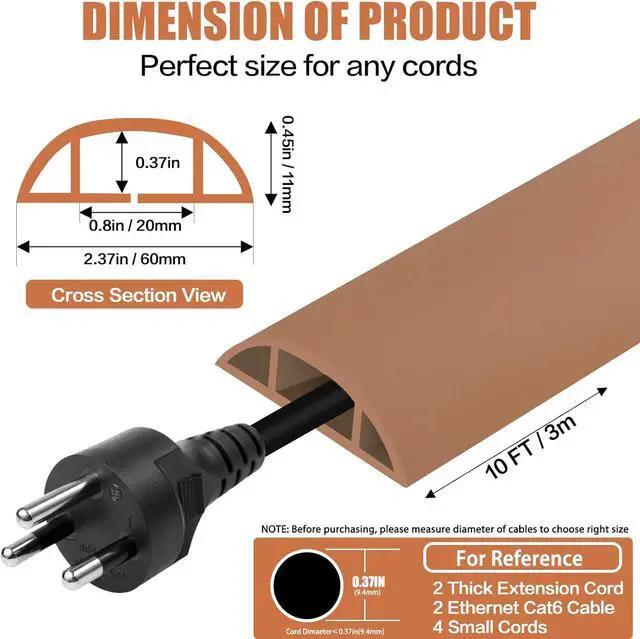 Alt view image 2 of 7 - Floor Cord Cover Cavity 0.8"x0.37" Self Adhesive Cord Hider, 10FT Low Profile Cable Management, Extension Strip Protector for Wires, Prevent Cable Trips for Offices, Gyms, ExhibitionsBrown