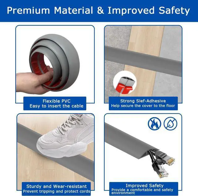 Alt view image 3 of 6 - 4ft Floor Cord Cover,Cord Hider Floor Gray,Extension Cable Cover Power Cord Protector Floor,Floor Cable Management Prevent Cable Trips,Cord Protector Cord Cavity:0.47" (W) x 0.24" (H)