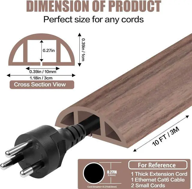 Alt view image 2 of 7 - Floor Cord Cover Self Adhesive Cord Hider,10FT Cable Management, Extension Strip Protector for Wires, Prevent Cable Trips for Offices, Gyms, Exhibitions Cavity:0.39"(W) x 0.27"(H) Wood Walnut