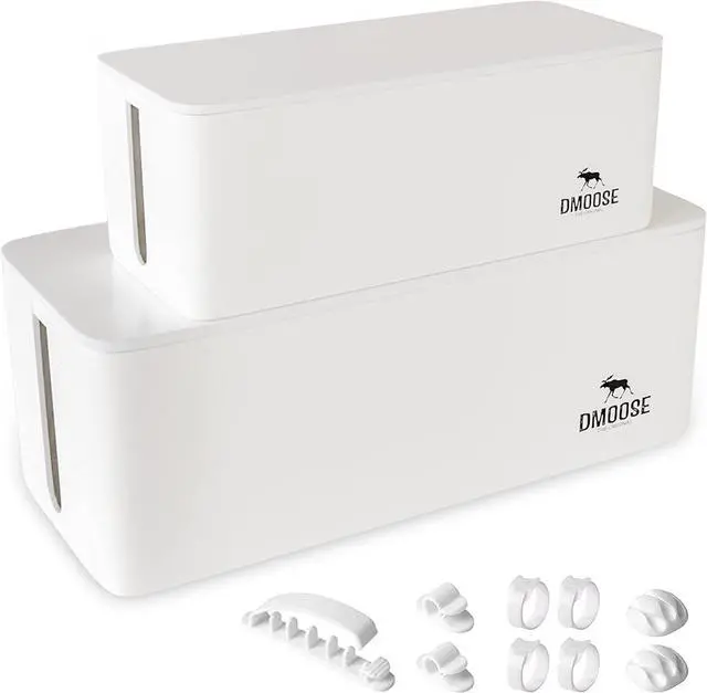Main image of DMoose Cable Management Box - 2 Pack Medium & Large Cord Organizer for Desk & Floor - Cable Organizer Box for Child & Pet - Cable Box Hider for Tidy Office & Home, Power Strip Cover (White, Pack of 2)