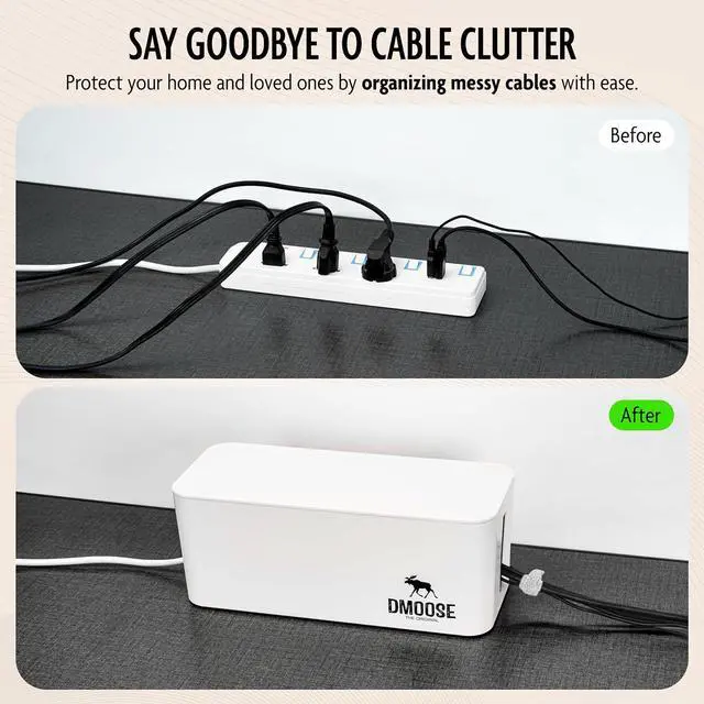 Alt view image 3 of 6 - DMoose Cable Management Box - 2 Pack Medium & Large Cord Organizer for Desk & Floor - Cable Organizer Box for Child & Pet - Cable Box Hider for Tidy Office & Home, Power Strip Cover (White, Pack of 2)